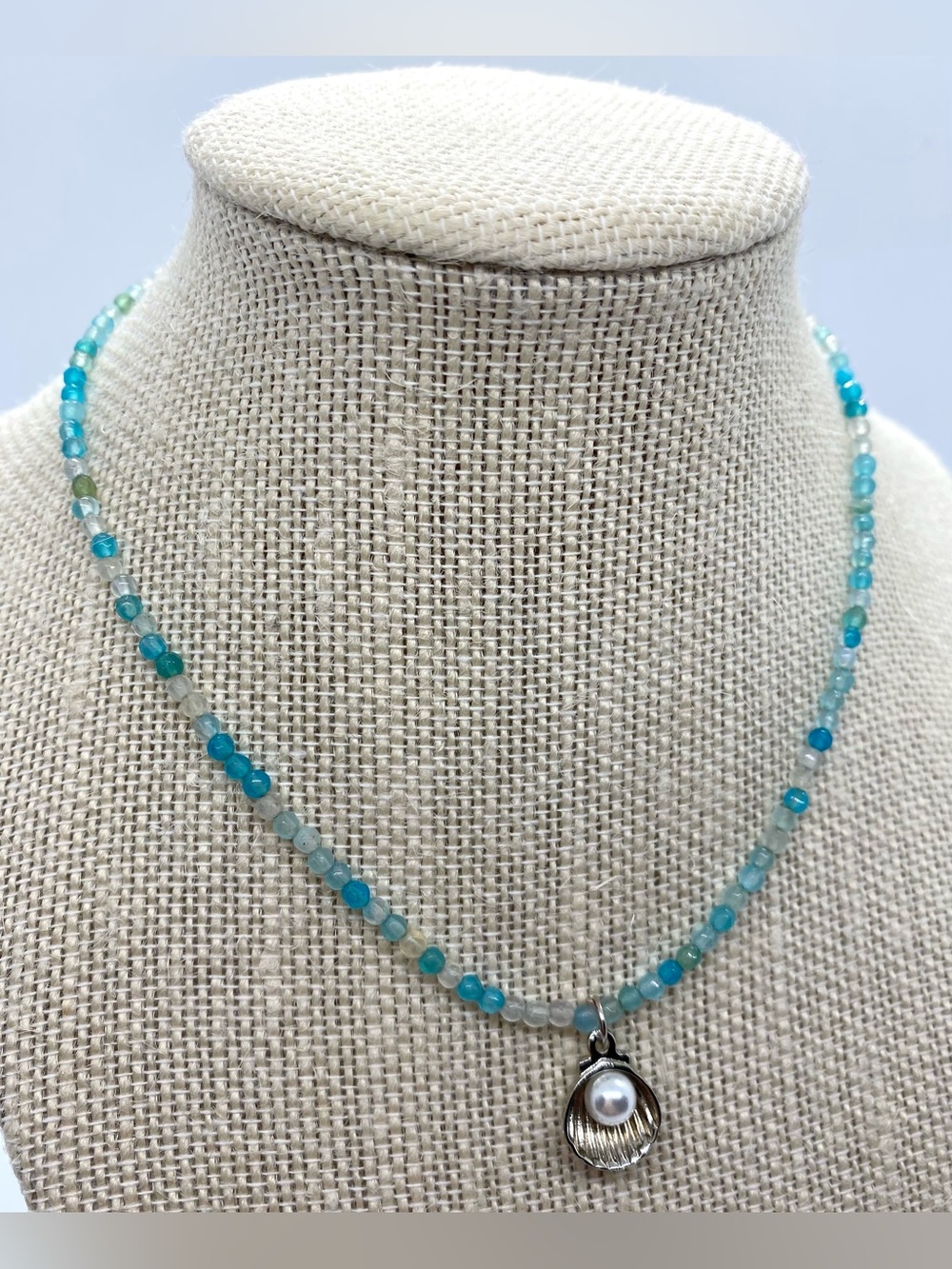 Blue Beaded Necklace Silver Pearl Charm Boho Y2K Fairy Festival Coastal Beach - Picture 12 of 12